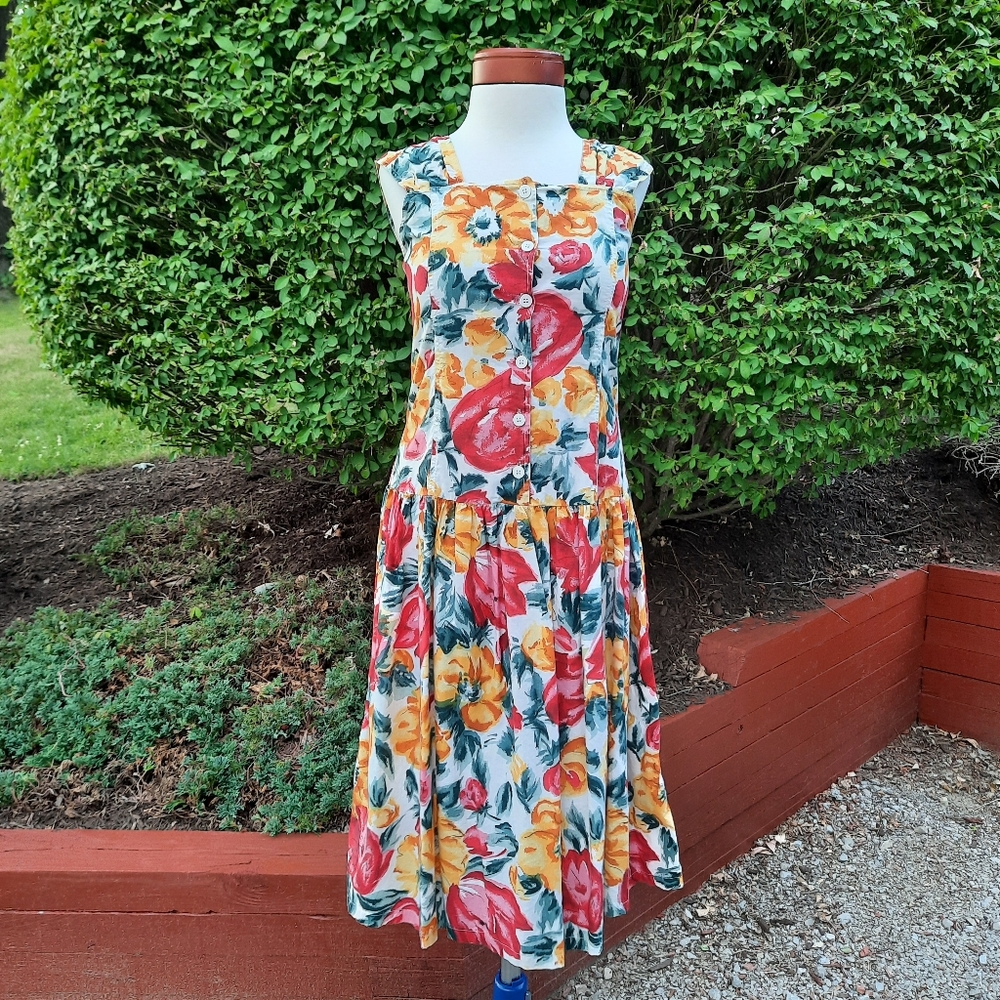 Vintage 90's Bright Floral Print Swing Skirt Pocket Button Top Midi Sun Dress